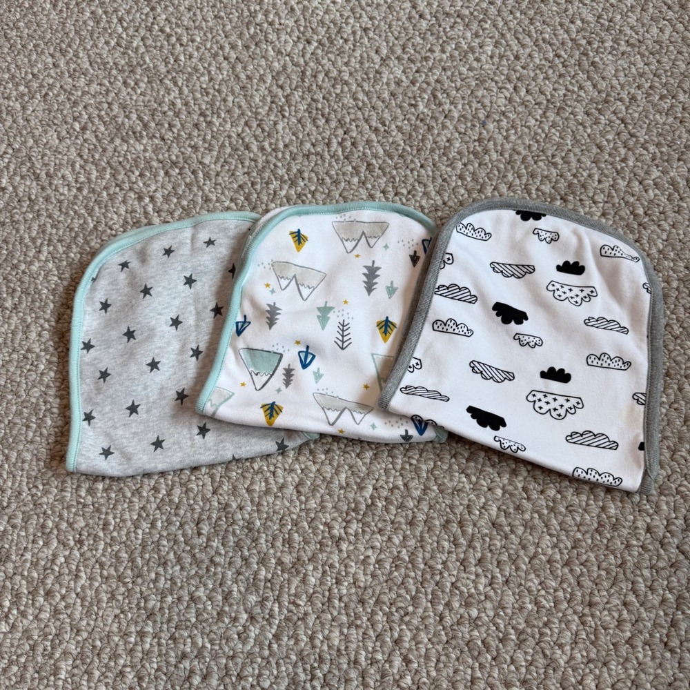 Cloud Island Baby Burp Cloths 3 Pack Stars Mountains Clouds Gray Mint White